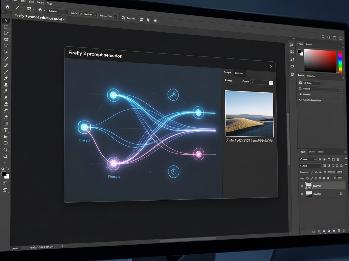 Adobe Photoshop Generative AI workflow display illustrating Firefly 3 prompt selection panel